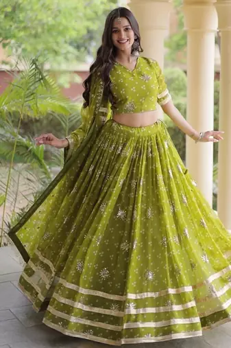 Women’s Navratri Special Bandhej Print Faux Georgette Lehenga Choli with Sequins, Zari Embroidery & Gota Lace
