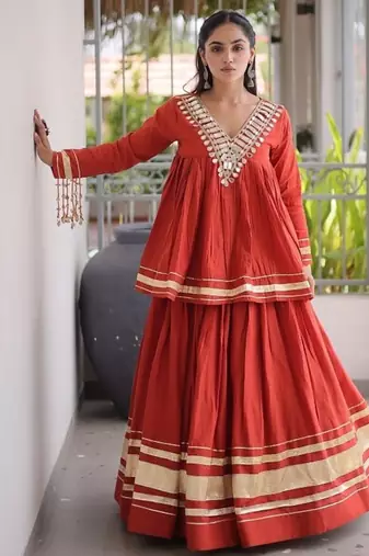 Navratri Special Women’s Kora Cotton Lehenga Choli with Zari Gota Patti & Real Mirror Work