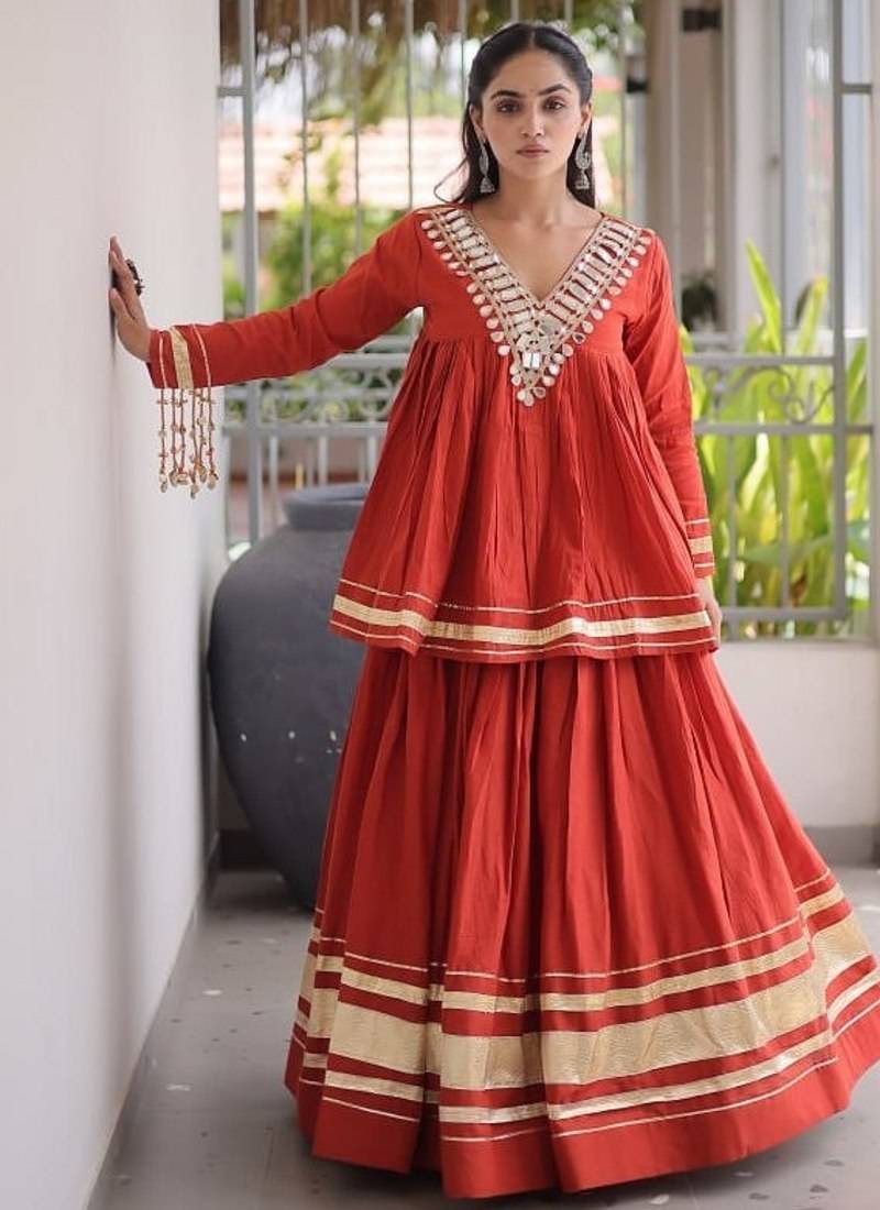 Navratri Special Women’s Kora Cotton Lehenga Choli with Zari Gota Patti & Real Mirror Work