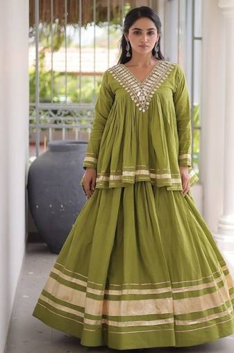 Navratri Kora Cotton Lehenga Choli with Zari Gota Patti & Real Mirror Work - free size