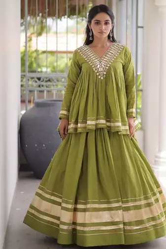 Navratri Kora Cotton Lehenga Choli with Zari Gota Patti & Real Mirror Work - free size