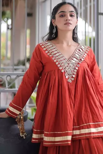 Navratri Special Women’s Kora Cotton Lehenga Choli with Zari Gota Patti & Real Mirror Work