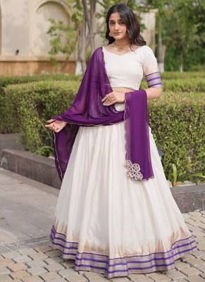 Navratri White Viscose Jacquard Lehenga Choli with Zari Work & Contrast Dupatta - free size 1