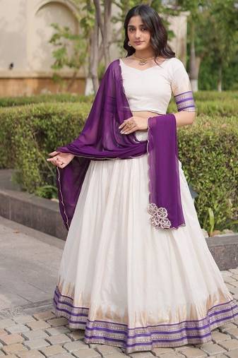 Navratri White Viscose Jacquard Lehenga Choli with Zari Work & Contrast Dupatta - free size