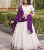 Navratri White Viscose Jacquard Lehenga Choli with Zari Work & Contrast Dupatta - free size