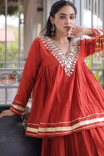 Navratri Special Women’s Kora Cotton Lehenga Choli with Zari Gota Patti & Real Mirror Work