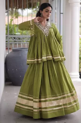 Navratri Kora Cotton Lehenga Choli with Zari Gota Patti & Real Mirror Work - free size