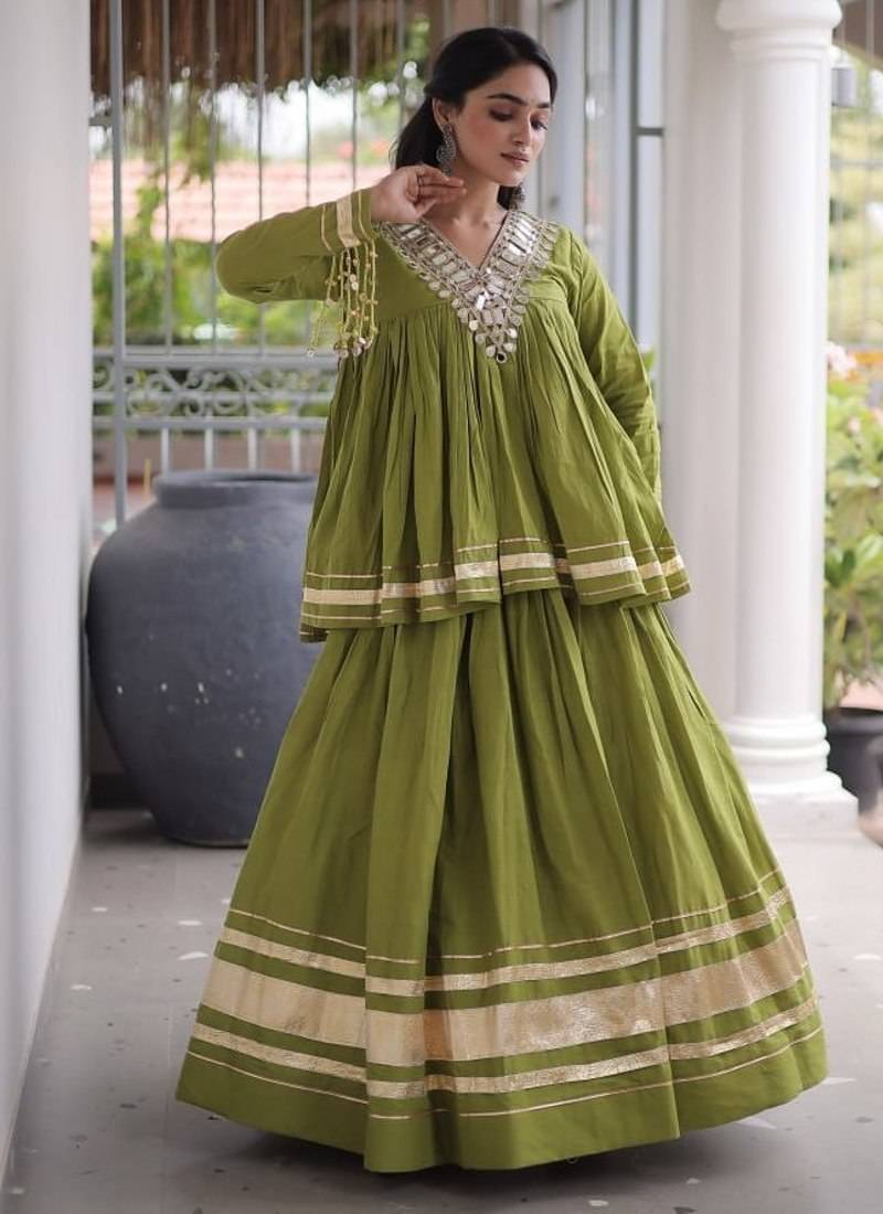 Navratri Kora Cotton Lehenga Choli with Zari Gota Patti & Real Mirror Work - free size