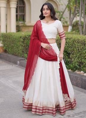 Navratri White Viscose Jacquard Lehenga Choli with Zari Work & Contrast Dupatta - free size 1