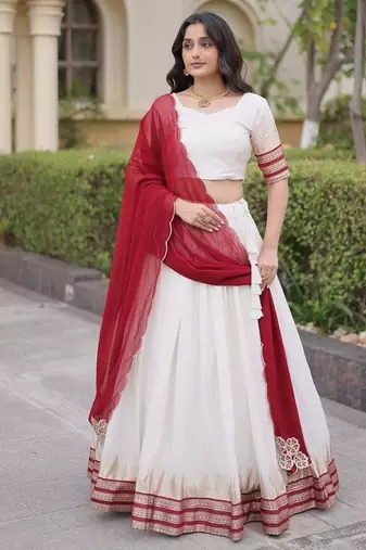 Navratri White Viscose Jacquard Lehenga Choli with Zari Work & Contrast Dupatta - free size