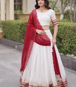 Navratri White Viscose Jacquard Lehenga Choli with Zari Work & Contrast Dupatta - free size