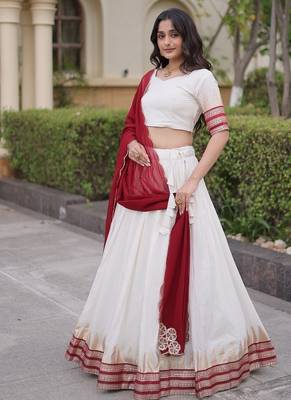 Navratri White Viscose Jacquard Lehenga Choli with Zari Work & Contrast Dupatta - free size 2