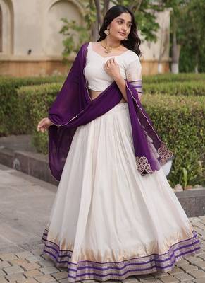 Navratri White Viscose Jacquard Lehenga Choli with Zari Work & Contrast Dupatta - free size 2
