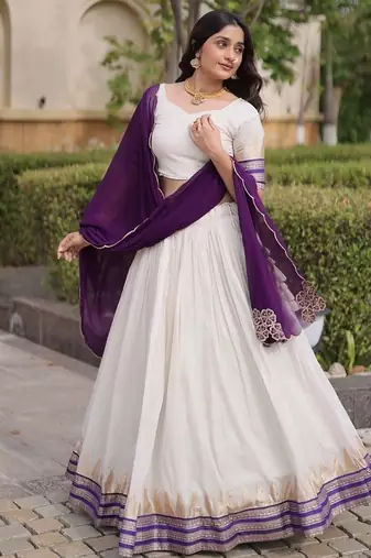 Navratri White Viscose Jacquard Lehenga Choli with Zari Work & Contrast Dupatta - free size