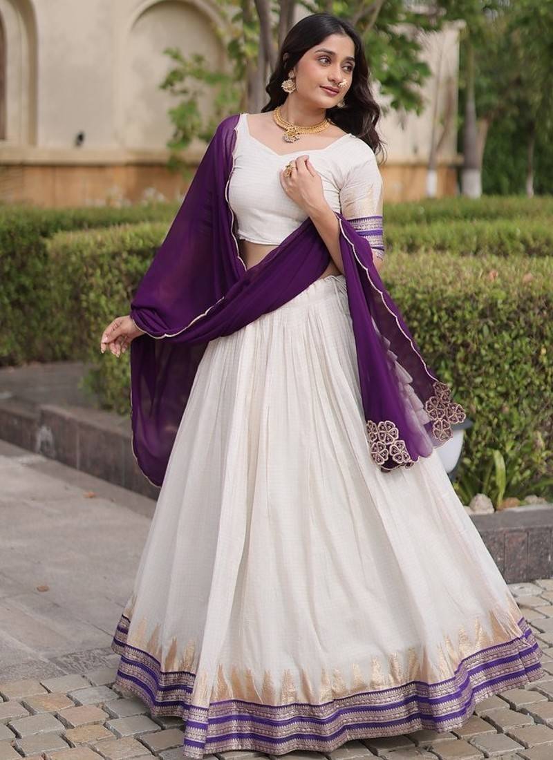 Navratri White Viscose Jacquard Lehenga Choli with Zari Work & Contrast Dupatta - free size