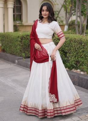 Navratri White Viscose Jacquard Lehenga Choli with Zari Work & Contrast Dupatta - free size 3