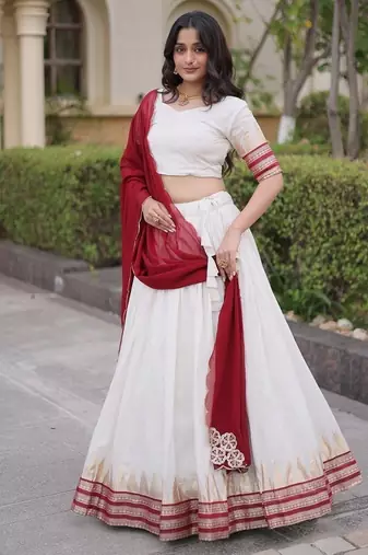 Navratri White Viscose Jacquard Lehenga Choli with Zari Work & Contrast Dupatta - free size