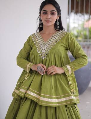 Navratri Kora Cotton Lehenga Choli with Zari Gota Patti & Real Mirror Work - free size 4