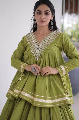 Navratri Kora Cotton Lehenga Choli with Zari Gota Patti & Real Mirror Work - free size
