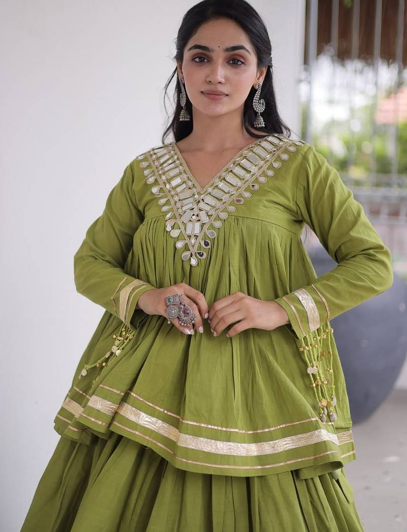 Navratri Kora Cotton Lehenga Choli with Zari Gota Patti & Real Mirror Work - free size