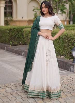 Navratri White Viscose Jacquard Lehenga Choli with Zari Work & Contrast Dupatta - free size 1