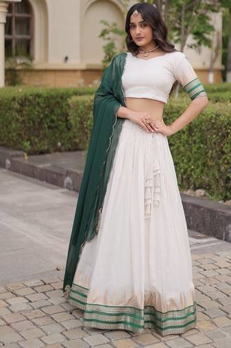 Navratri White Viscose Jacquard Lehenga Choli with Zari Work & Contrast Dupatta - free size