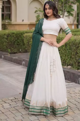 Navratri White Viscose Jacquard Lehenga Choli with Zari Work & Contrast Dupatta - free size