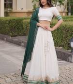 Navratri White Viscose Jacquard Lehenga Choli with Zari Work & Contrast Dupatta - free size