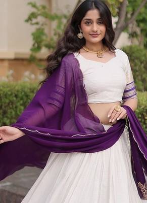 Navratri White Viscose Jacquard Lehenga Choli with Zari Work & Contrast Dupatta - free size 3
