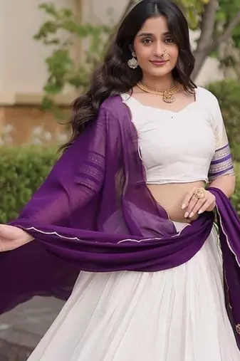 Navratri White Viscose Jacquard Lehenga Choli with Zari Work & Contrast Dupatta - free size