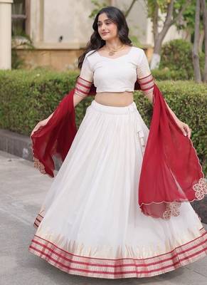 Navratri White Viscose Jacquard Lehenga Choli with Zari Work & Contrast Dupatta - free size 5