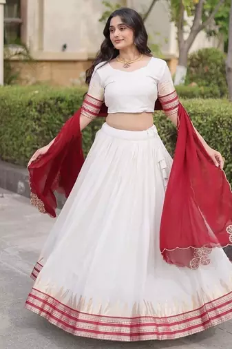 Navratri White Viscose Jacquard Lehenga Choli with Zari Work & Contrast Dupatta - free size