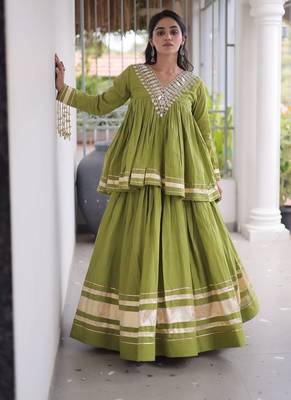 Navratri Kora Cotton Lehenga Choli with Zari Gota Patti & Real Mirror Work - free size 5