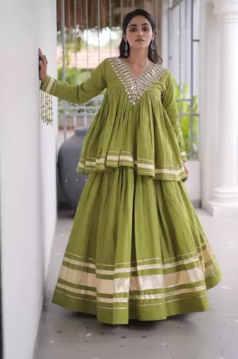 Navratri Kora Cotton Lehenga Choli with Zari Gota Patti & Real Mirror Work - free size