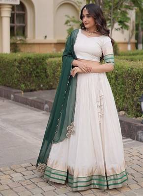 Navratri White Viscose Jacquard Lehenga Choli with Zari Work & Contrast Dupatta - free size 2