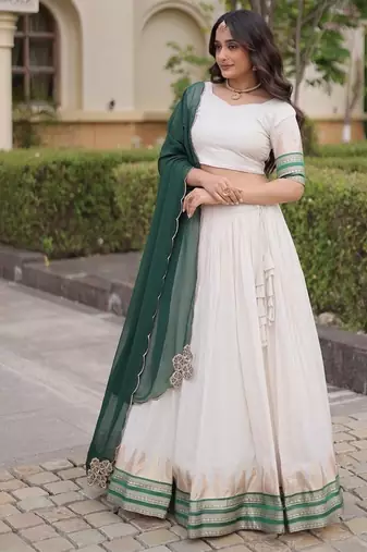 Navratri White Viscose Jacquard Lehenga Choli with Zari Work & Contrast Dupatta - free size