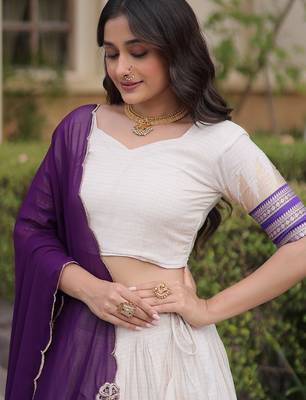 Navratri White Viscose Jacquard Lehenga Choli with Zari Work & Contrast Dupatta - free size 4