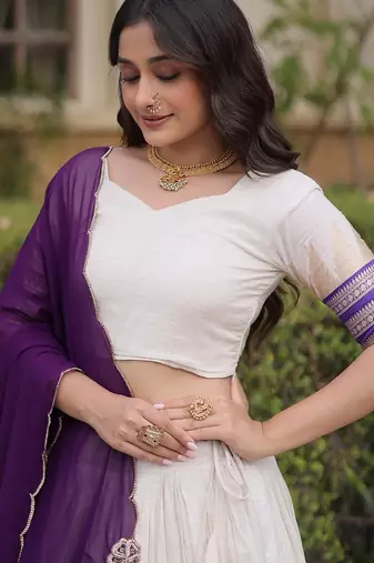 Navratri White Viscose Jacquard Lehenga Choli with Zari Work & Contrast Dupatta - free size