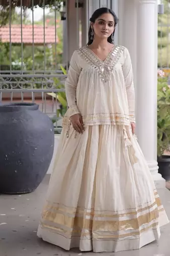 Navratri Kora Cotton Lehenga Choli with Zari Gota Patti & Real Mirror Work - free size