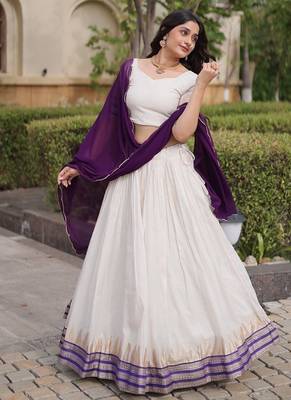 Navratri White Viscose Jacquard Lehenga Choli with Zari Work & Contrast Dupatta - free size 5