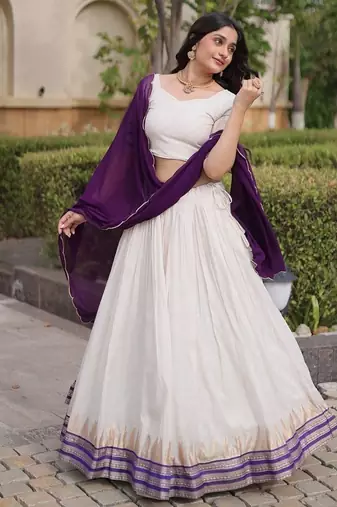 Navratri White Viscose Jacquard Lehenga Choli with Zari Work & Contrast Dupatta - free size