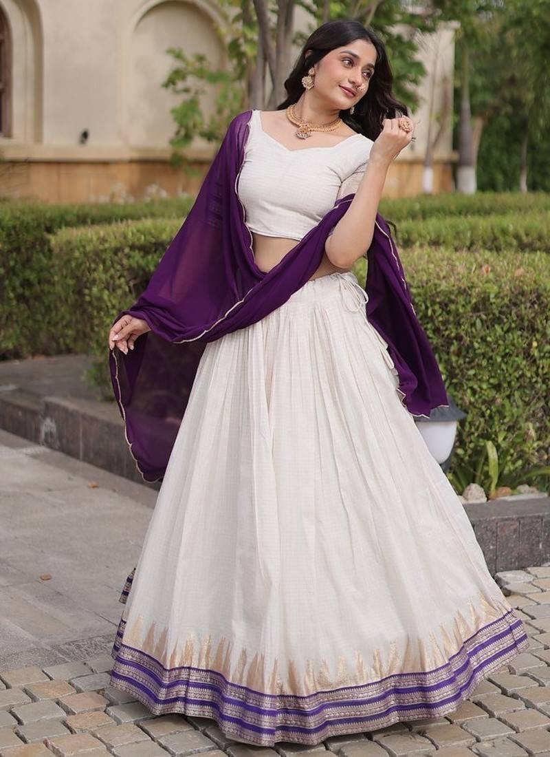Navratri White Viscose Jacquard Lehenga Choli with Zari Work & Contrast Dupatta - free size