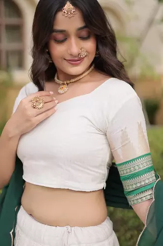 Navratri White Viscose Jacquard Lehenga Choli with Zari Work & Contrast Dupatta - free size