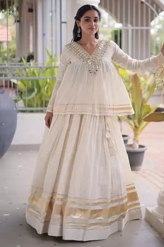 Navratri Kora Cotton Lehenga Choli with Zari Gota Patti & Real Mirror Work - free size