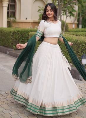 Navratri White Viscose Jacquard Lehenga Choli with Zari Work & Contrast Dupatta - free size 5