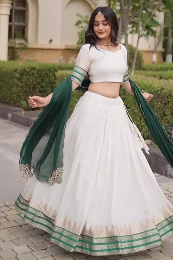 Navratri White Viscose Jacquard Lehenga Choli with Zari Work & Contrast Dupatta - free size