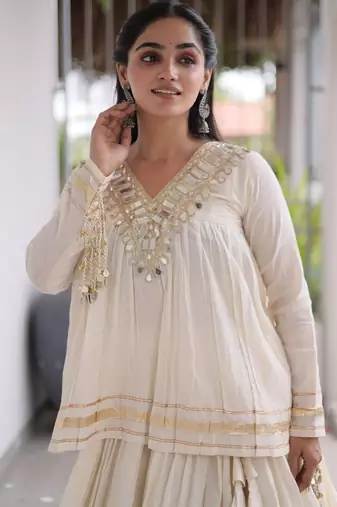 Navratri Kora Cotton Lehenga Choli with Zari Gota Patti & Real Mirror Work - free size