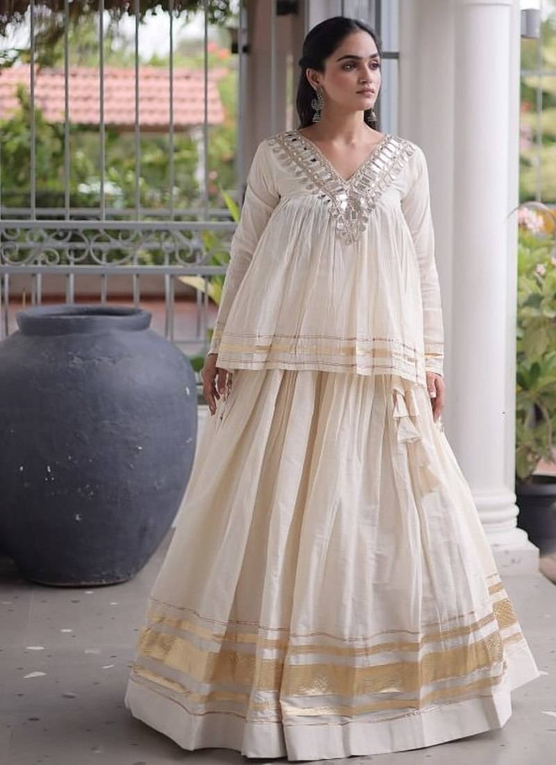 Navratri Kora Cotton Lehenga Choli with Zari Gota Patti & Real Mirror Work - free size