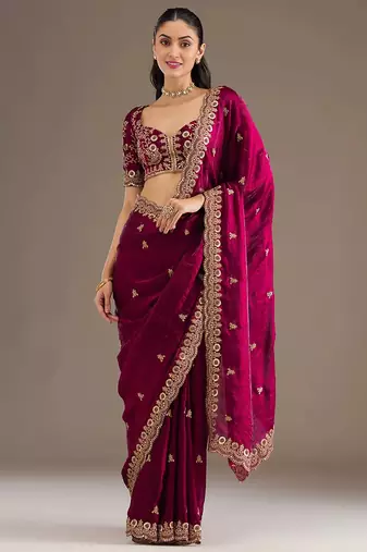 Catching maroon tissue silk zari and sequins embroidered indian latest design traditional saree