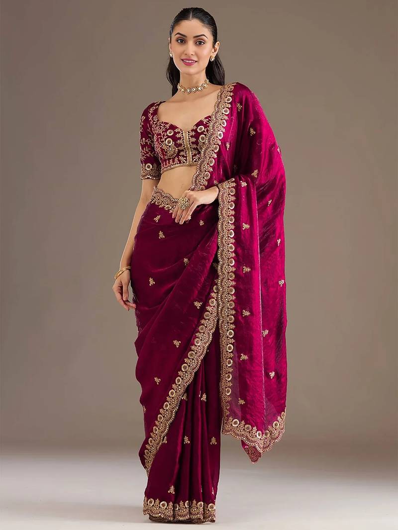 Catching maroon tissue silk zari and sequins embroidered indian latest design traditional saree
